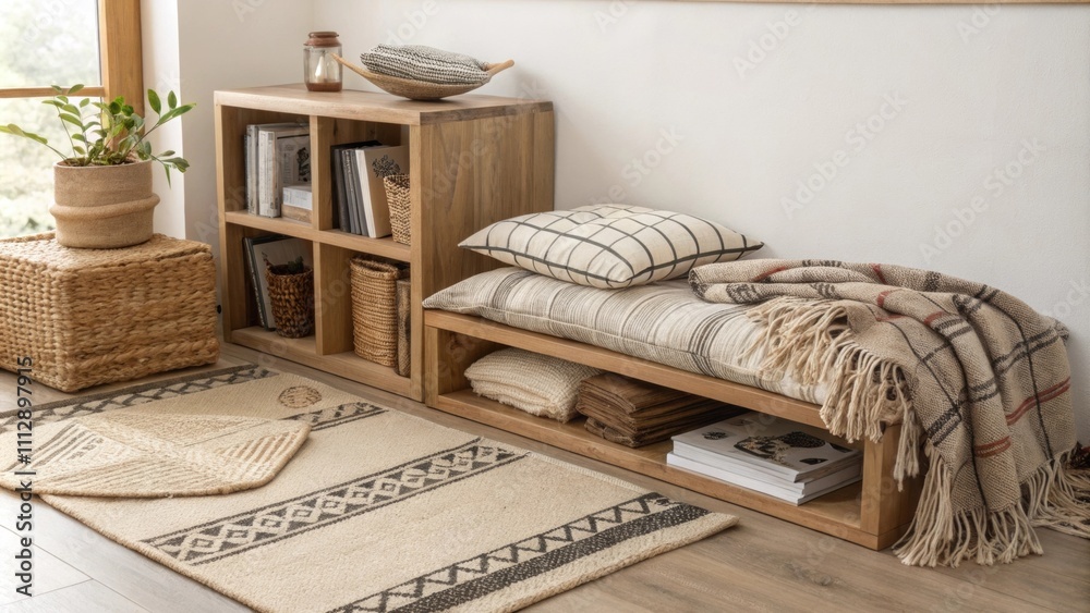 Poster An intimate space illuminated by soft light featuring a low wooden bookshelf a cozy floor cushion and an array of patterned throws layered over a mix of natural fiber rugs.