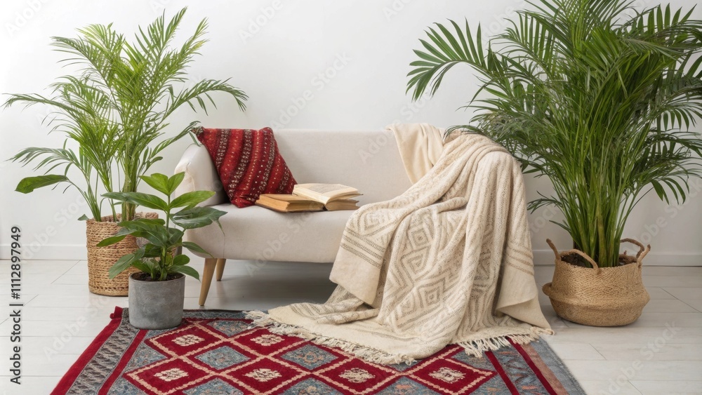 Aufkleber a serene reading area highlighted by a bold decorative rug several textured throws draped over a coz
