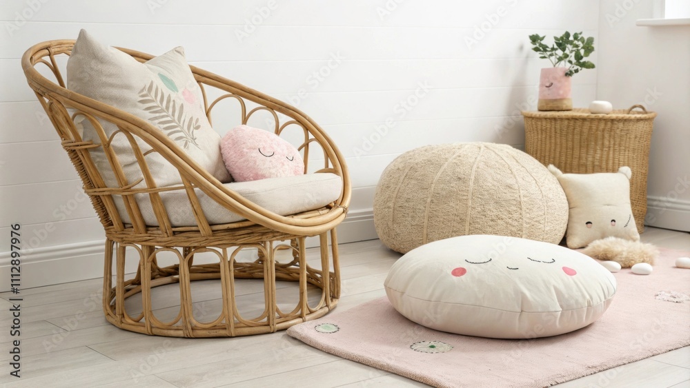 Poster A stylish corner featuring a comfortable rattan chair filled with plush vivid cushions complemented by a large soft floor cushion that adds a playful touch to the space.