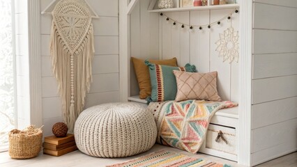 A charming reading alcove adorned with a knitted pouf multihued throw pillows and artistic macrame pieces creating a visually appealing and inviting atmosphere.
