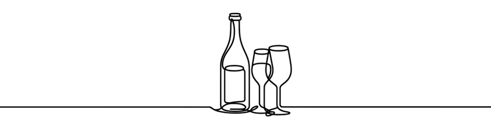 Bottle of wine and a glass are depicted in a continuous line drawing style. Vector illustration.