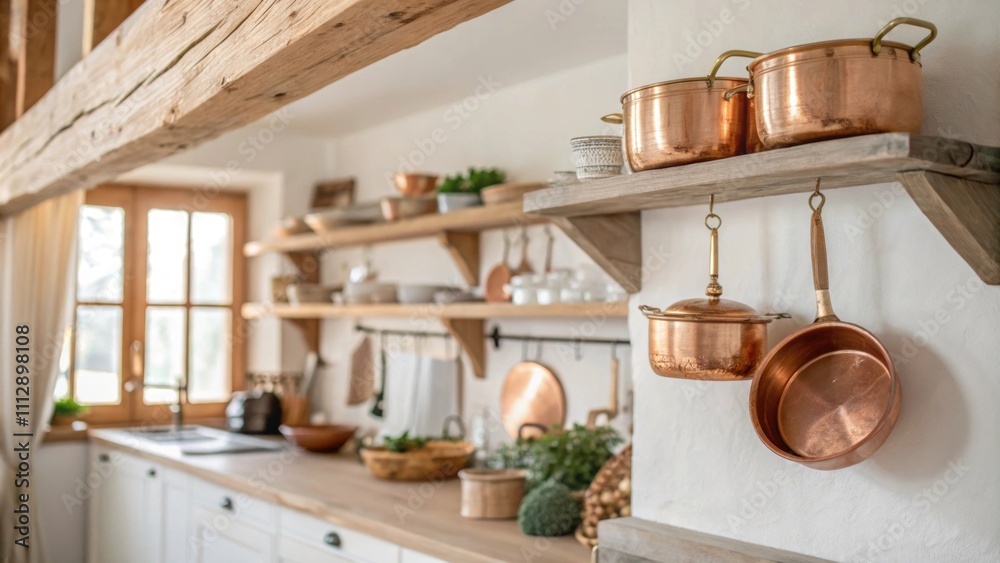 Poster an inviting kitchen space characterized by exposed wooden beams and floating shelves filled with cop