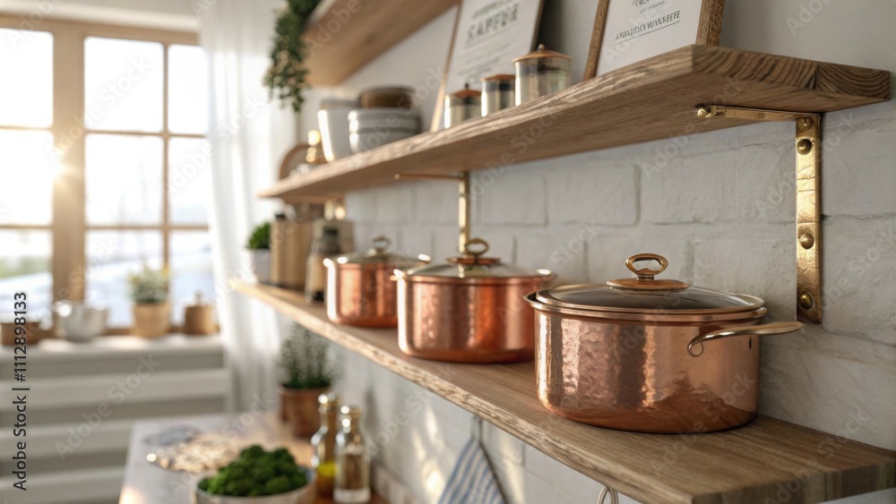 Poster a cozy kitchen scene where floating wood shelves are lined with glimmering copper pots while soft su