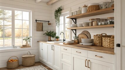 The serene kitchen design showcases open shelving with rustic accents enhanced by the warm touch of natural light pouring in evoking a timeless countryside feel.