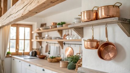 An inviting kitchen space characterized by exposed wooden beams and floating shelves filled with copper cookware surrounded by soft natural light that creates a serene and