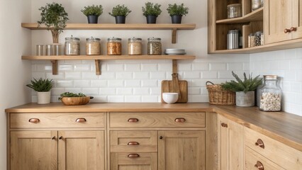 The inviting kitchen showcases natural wood cabinetry with open shelving displaying mason jars and herbs a central butcher block countertop and stylish copper accents