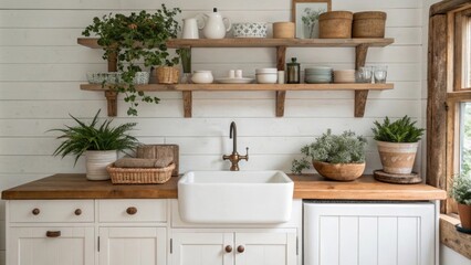A rustic kitchen design showcasing a prominent ceramic sink flanked by handcrafted wooden shelves overflowing with lush plants and countrystyle kitchen items.