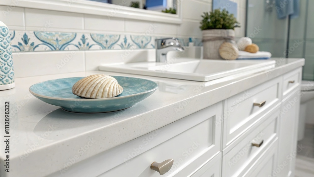 Poster The bathroom showcases a minimalist aesthetic with a bright white vanity its surface adorned with a single polished seashell resting on a muted blue dish harmonizing with