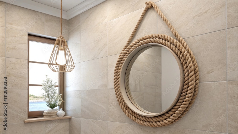 Poster A stylish ropeframed mirror adorns the wall surrounded by a minimalist aesthetic created by expansive neutral tiles and gentle soft lighting that enhances the tranquil