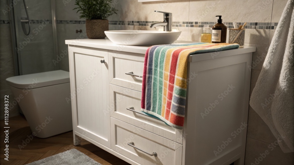 Poster The elegant bathroom design features a compact white vanity a colorful striped hand towel adding a pop of interest and dim lighting that softly illuminates the area creating