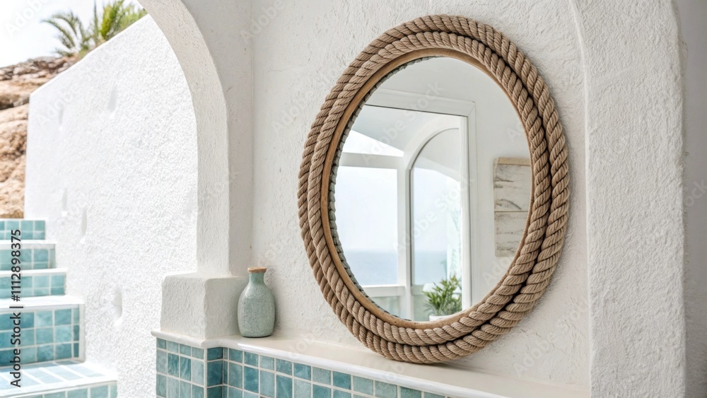 Poster a stylish and understated space highlighting a round mirror with a textured rope frame set a stark w