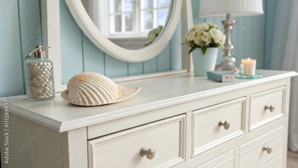 Poster The serene interior includes a lightcolored vanity and a mirror reflecting the pale blue backdrop while a smooth ivory seashell rests delicately on the counter.