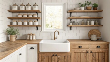 The inviting kitchen boasts sy wooden shelves filled with retro jars complemented by a prominent deep farmhouse sink that adds a touch of charm to the space.