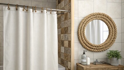 The bathroom showcases a plain white shower curtain that drapes elegantly paired with a rustic ropeframed mirror that adds texture set against understated beige and gray