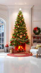 Stylish room interior with beautiful Christmas tree and decorative fireplace isolated with white highlights, png