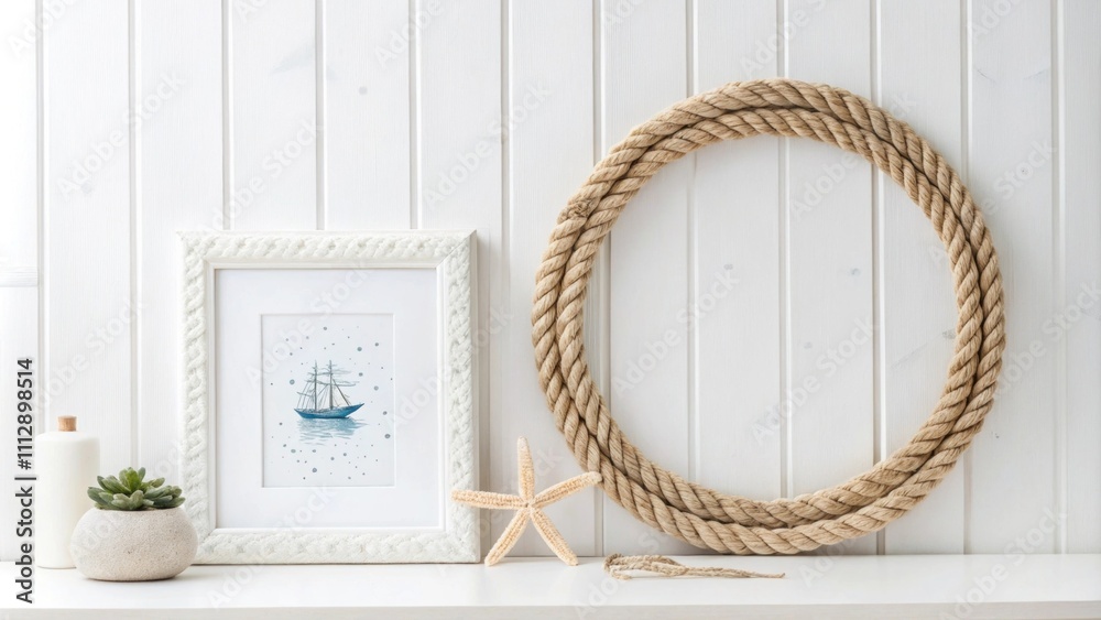 Poster A serene airy interior emphasizes simplicity with its allwhite backdrop adorned with a lone nautical print and a beautifully textured mirror held by a natural rope frame