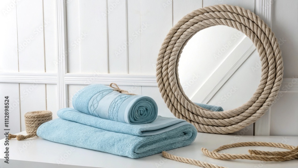 Poster the design features an inviting soft blue towel laid out on a crisp white surface paired with a stri