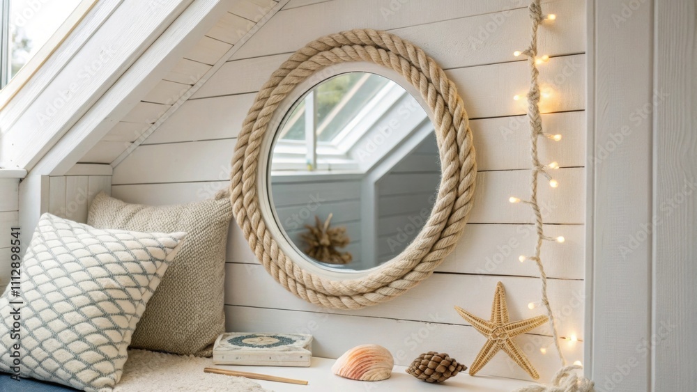 Poster A cozy nook bathed in gentle light featuring a distinctive ropeframed mirror that echoes nautical elements complemented by an artfully arranged single seashell.