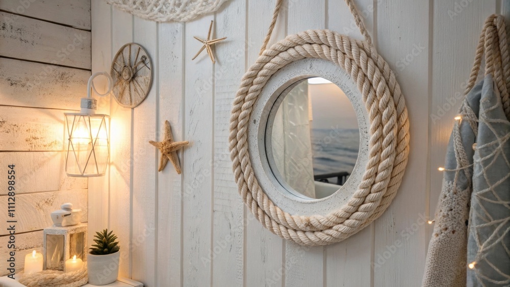 Poster whitewashed walls envelop a cozy bathroom complemented by a delicate rope mirror that embodies marit