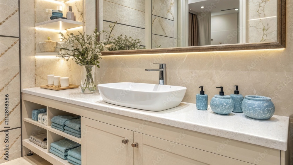 Poster an elegant bathroom showcasing a minimalist design with a glossy white countertop sink. the surround