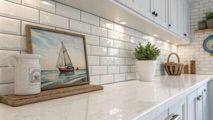 The interior showcases a spotless countertop paired with glossy white tiles with a single piece of nautical art hung on the wall enhancing the coastal ambiance of the area.