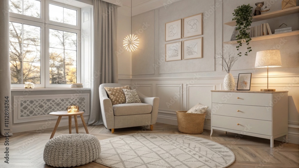 Poster the room showcases a neutral color palette with warm grays and whites enhancing the calm and serene 