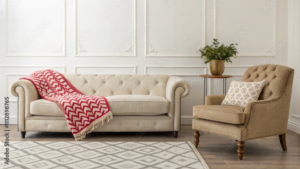 Poster An inviting area with a lighttoned couch accented by a bold geometric throw and a solitary armchair with rich textures that adds depth to the decor.