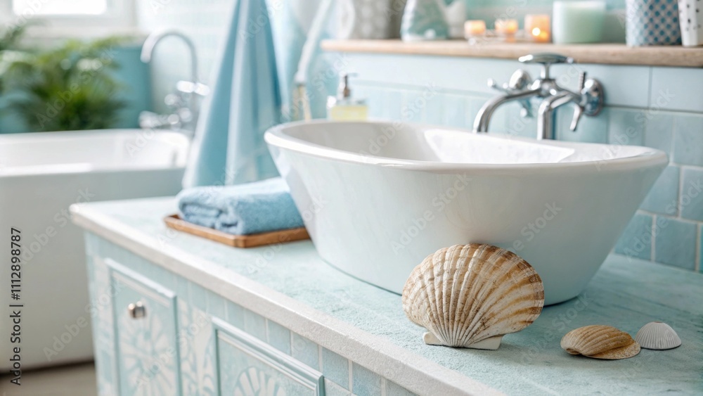 Poster The bathroom showcases a bright airy atmosphere with a smooth modern sink and a soft blue color scheme accentuated by a solitary shell decoratively p nearby.