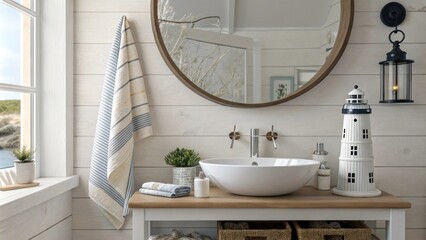 This simple yet stylish bathroom features a polished sink beneath a large round mirror with subtle hints of nautical charm from a striped towel hanging elegantly and a mini