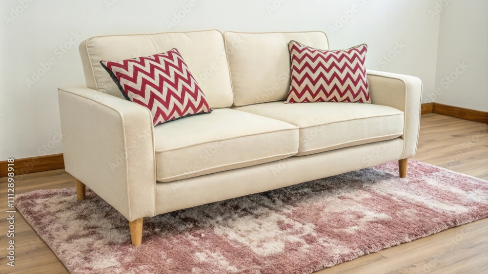 Poster A cheerful interior scene where a simple light sofa is paired with a striking patterned cushion positioned on a velvety area rug that invites relaxation.