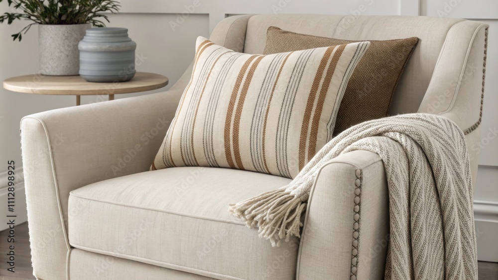 Poster a minimalist armchair in muted tones showcases a striking striped cushion at its center offering a p