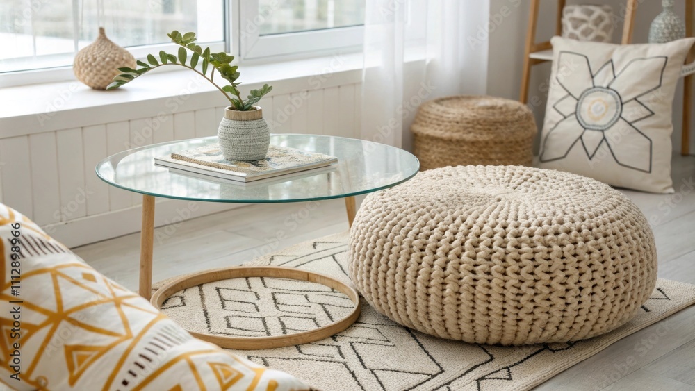 Poster A bright and airy room features a natural fiber pouf a modern glass coffee table and a whimsical throw with geometric designs infusing the space with character and comfort.