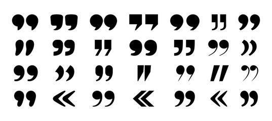 Quote mark. Quotation marks icons. Black various punctuation symbols. Minimalist typography quote elements, double commas, text accent signs for citation. Vector set