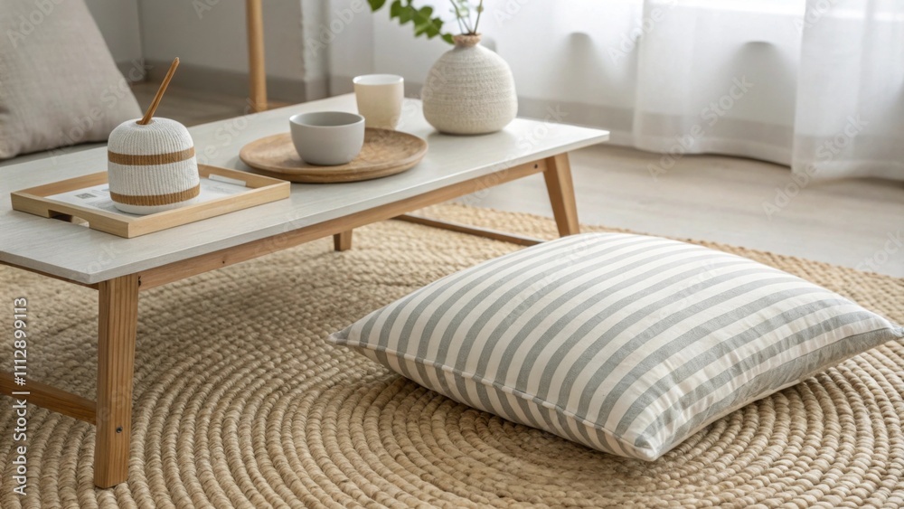 Aufkleber An elegant setup highlighting a striped cushion positioned against a modern coffee table with a finely woven floor mat underneath creating a harmonious and uncluttered