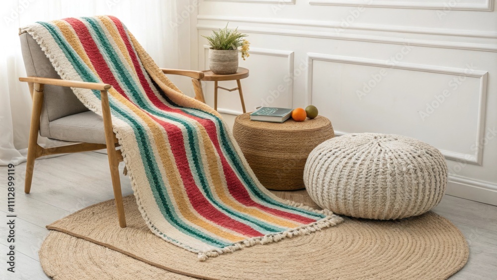 Poster An inviting seating area showcases a vibrant striped blanket casually spread across a chair with a soft textured rug beneath and a round woven pouf positioned nearby for