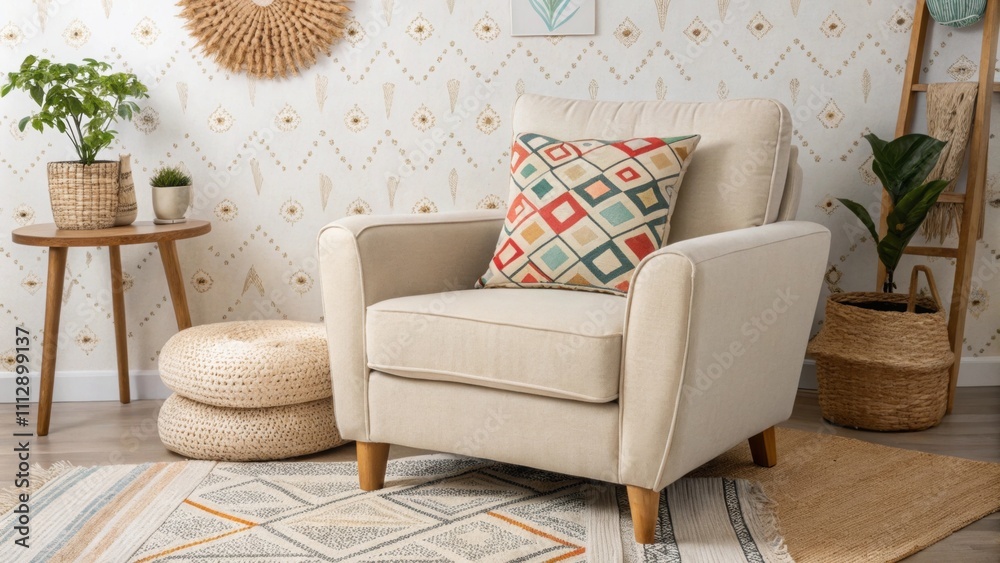 Aufkleber The eclectic living room is anchored by a neutral armchair set against a backdrop of patterned decor with a bold geometric pillow adding visual interest and a soft inviting