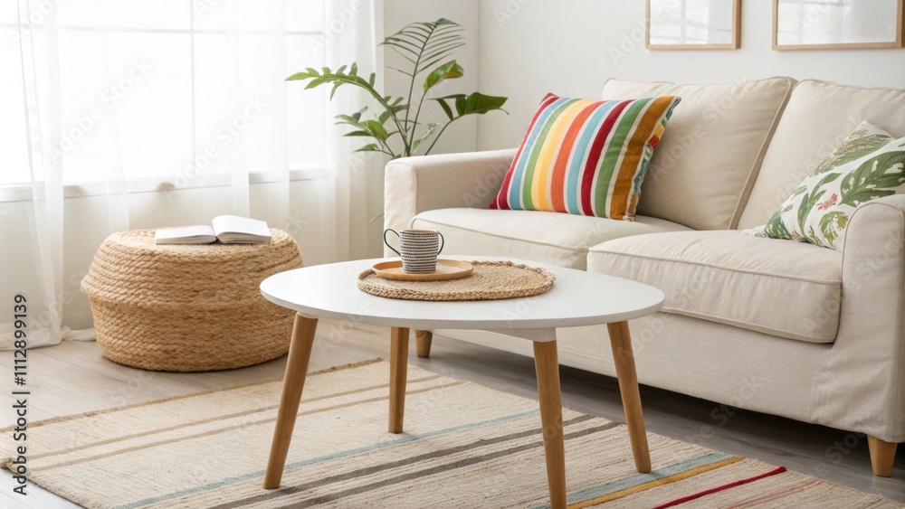 Aufkleber A bright airy minimalist living room highlighting a soft sofa outfitted with a colorful striped cushion a simple round coffee table with clean lines and a natural woven