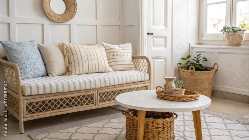Poster A stylish minimalist space characterized by an elegant couch with a distinctive striped cushion an unembellished coffee table that emphasizes simplicity and a charming woven