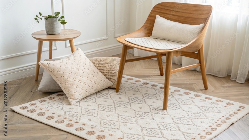 Poster A tranquil setting adorned with a lightly patterned rug softtextured pillow and a smooth natural wooden chair creating a harmonious atmosphere.