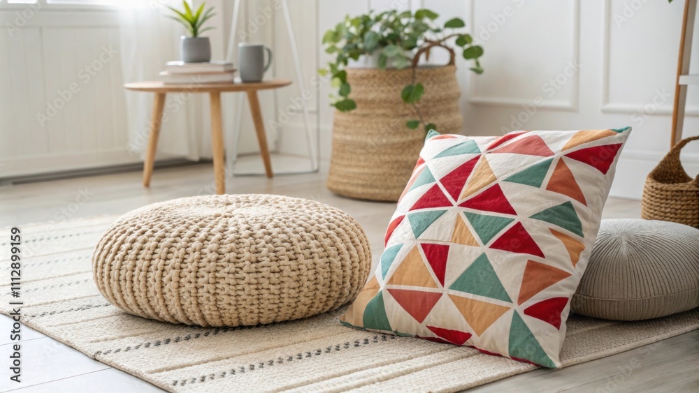 Poster In an airy living space a bold geometric cushion contrasts with a simple light rug while a chunky woven pouf introduces a cozy casual element to the eclectic arrangement.
