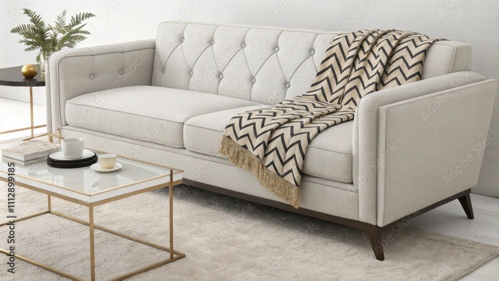 Poster A stylish minimalist lounge area with a light grey couch adorned with a striking geometric throw accompanied by a minimalist coffee table p neatly on a soft area rug that