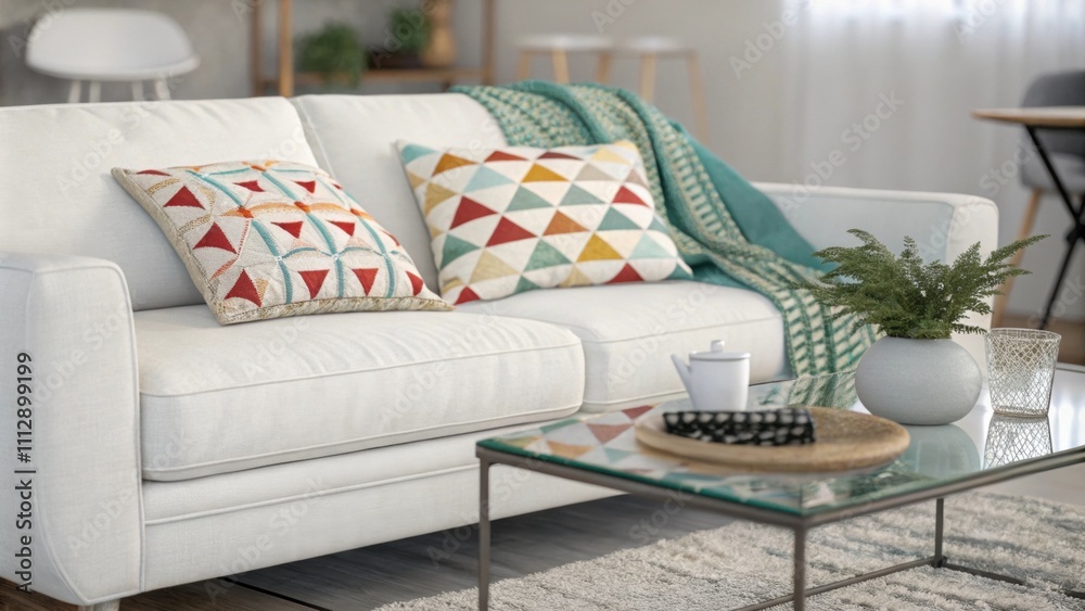 Poster a contemporary living room design featuring a white couch accented with a colorful geometric throw s