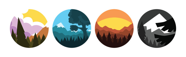 Forest and Mountain Colorful Round Scene and View Vector Set