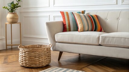 An elegantly designed living space with a contemporary smooth sofa highlighted by a colorful striped pillow. A subtly woven basket rests on the hardwood floor contributing
