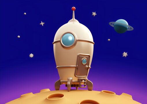 Cartoon-style rocket on a moon