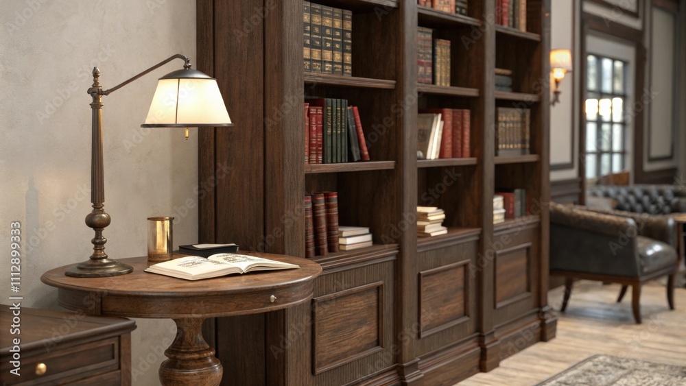 Poster An intimate library setting with rich dark wood shelves lined with volumes illuminated by a single reading lamp accompanied by a charming wooden table perfect for studying.