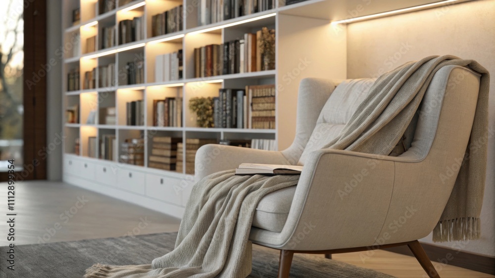 Aufkleber a minimalist library design featuring clean lines builtin shelves filled with literature a soft neat