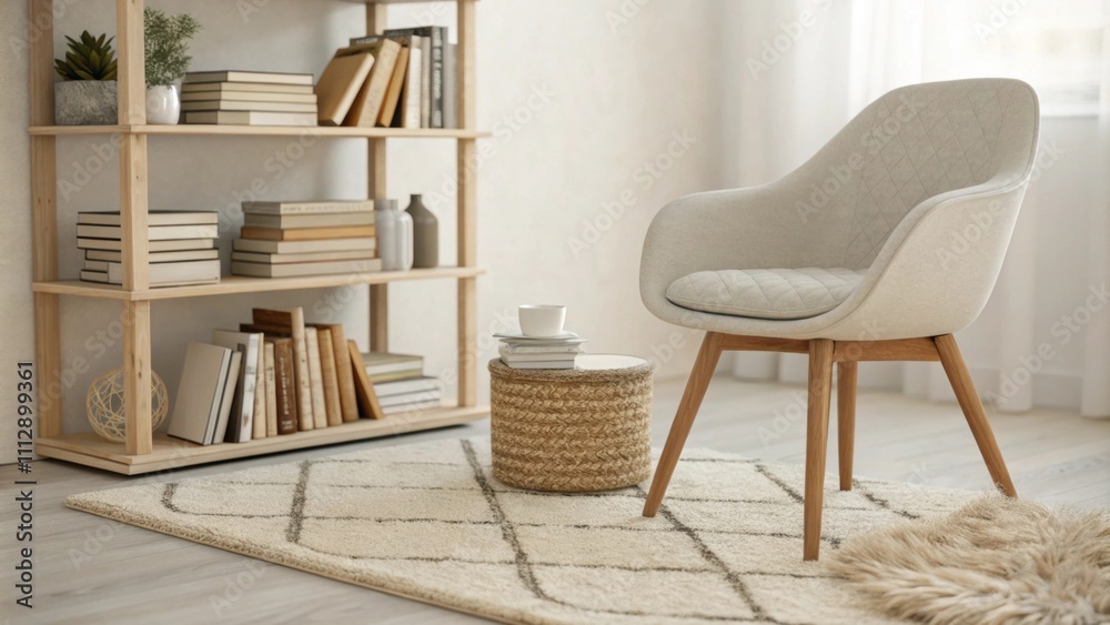 Poster a contemporary minimalist environment with an orderly display of books a warm textured wool rug and 