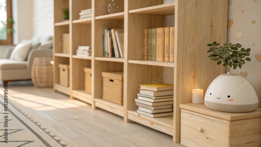 Poster A serene reading room with light wooden bookshelves showcasing a solitary stack of books complemented by gentle diffuse lighting casting soft shadows.