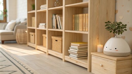 A serene reading room with light wooden bookshelves showcasing a solitary stack of books complemented by gentle diffuse lighting casting soft shadows.